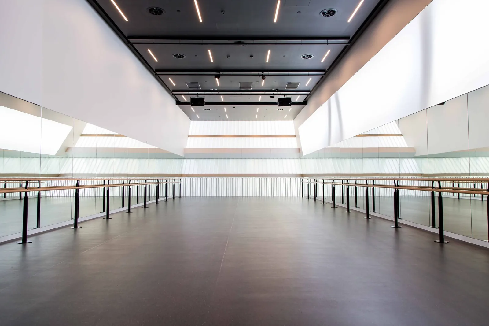A dance studio with sprung floor, barres and mirrors